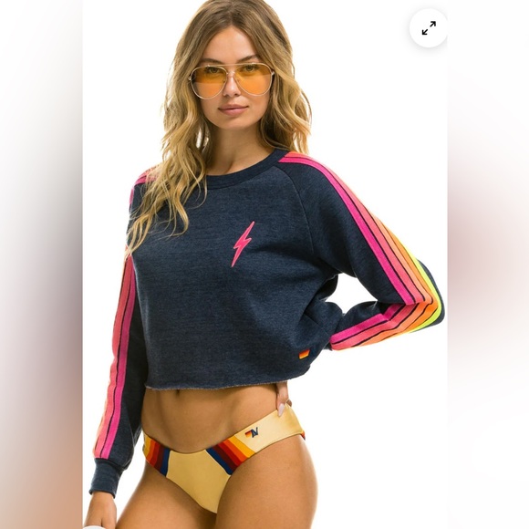 Aviator Nation Bolt Cropped Five Stripe Sweatshirt in Navy w/Neon Stripes SZ L - Picture 2 of 13